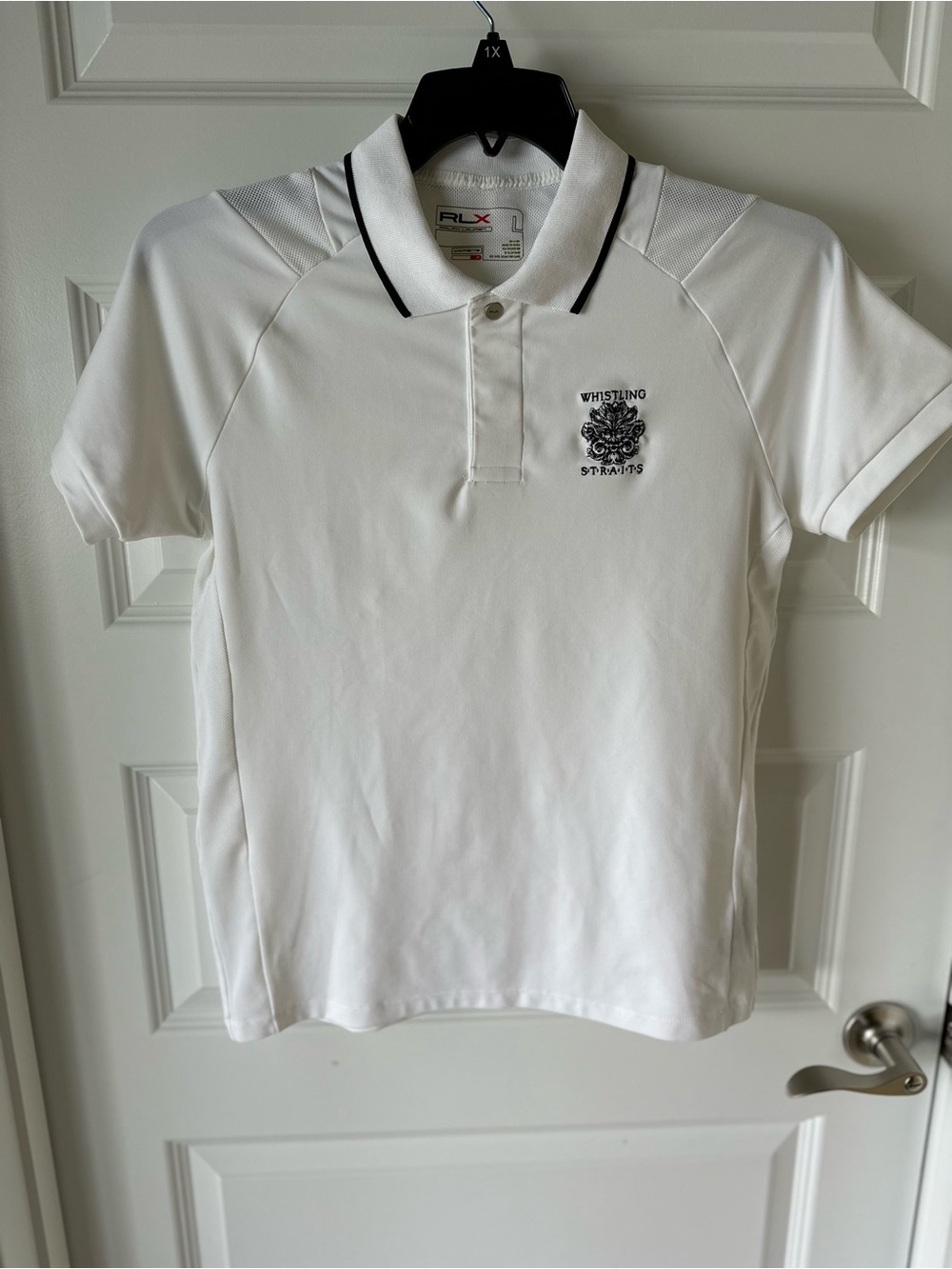 RLX Ralph Lauren Women’s White Golf Polo with Black Collar Piping, Size Large